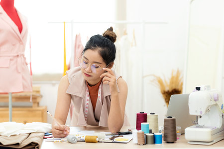 Owner business asian young women fashion designer working on her designer in the showroom,  Lifestyle Stylish tailor taking measurements on mannequin in studio.  Business and Industry small Conceptの写真素材