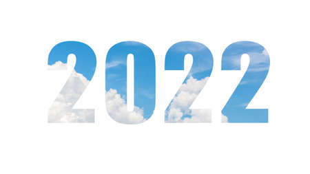 New Year 2022.  Text Number 2022 on blue sky and white clouds background.の写真素材