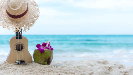 Summer Travel with Guitar ukulele with coconut juice for relax on the beautiful beach and blue sky background, copy space. Travel and Summer Conceptの写真素材