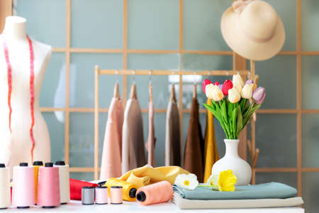 Soft focus items and equipment material for work designer in the showroom. Mannequins stylish tailor and measurements background.  Business small Conceptの写真素材