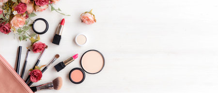 Valentine Gift. Makeup cosmetics tools background and beauty cosmetics, products and facial cosmetics package with flower rose. Lifestyle and Valentine, copy space for bannerの写真素材