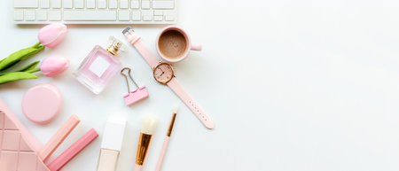 Makeup beauty cosmetic fashion in office. Cosmetics woman working on laptop with bag product facial and coffee on white background. Lifestyle fashion Gift Concept, copy space for bannerの写真素材