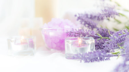 Soft and focus. Spa beauty massage health wellness background.Â  Spa Thai therapy treatment aromatherapy for body woman with lavender flower nature candle for relax and summer time.Â  Lifestyle Health Conceptの写真素材