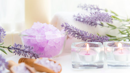 Soft and focus. Spa beauty massage health wellness background.Â  Spa Thai therapy treatment aromatherapy for body woman with lavender flower nature candle for relax and summer time.Â  Lifestyle Health Conceptの写真素材