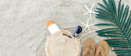 Summer Fashion woman sunblock with accessories item go to travel in the beach. Tourism travel on holiday happy leisure and destination trip.  Sand beach background. copy space for bannerの写真素材