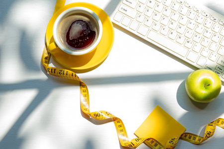 Healthy snack with working in the office.  Fresh fruit apple and cup black coffee, tape measure for...