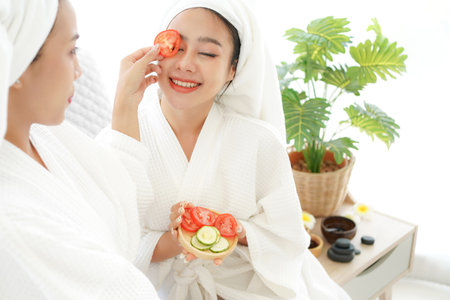 Asia women friends relaxing enjoy and spa massage with facial masks  tomato put on bathrobe.  Spa beauty massage healthy wellness.  Spa Thai therapy treatment aromatherapy for body womanの写真素材