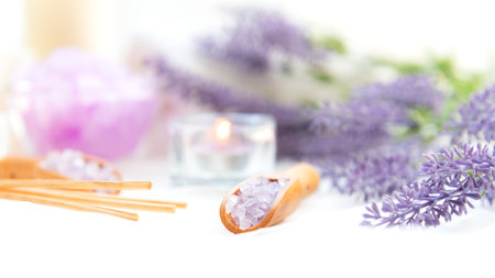 Soft and focus. Spa beauty massage health wellness background.Â  Spa Thai therapy treatment aromatherapy for body woman with lavender flower nature candle for relax and summer time.Â  Lifestyle Health Conceptの写真素材