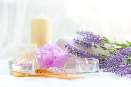 Soft and focus. Spa beauty massage health wellness background.Â  Spa Thai therapy treatment aromatherapy for body woman with lavender flower nature candle for relax and summer timeの写真素材