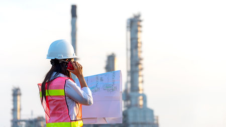 Engineers woman holding blueprint and report schedule for workers security control at power plant energy industry. Engineer and industry Conceptの写真素材