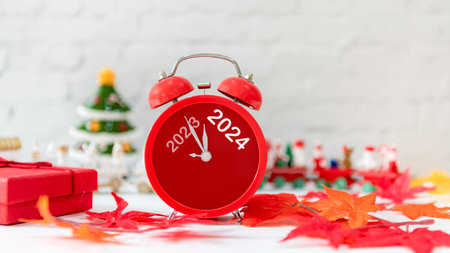 2023 and 2024 on red alarm clock on Christmas item background, Merry Christmas and Happy new year...