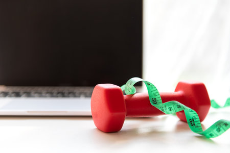Close up dumbbell.  Healthy snack for diet planning for working in office.  Sport equipment with...