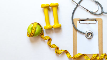 Health Care.  Fresh fruit vegetable salad with medical stethoscope for diet and weight loss for healthy care and protect virus, Healthy Life Concept.  Top viewの写真素材