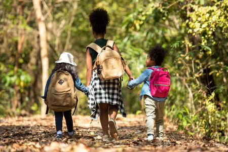 Group family children walking for explore and find directions in the camping jungle nature and...
