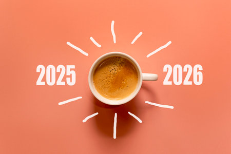 Happy new year and Merry Christmas 2026. Cup of coffee change 2025 to 2026 on yellow background. Start up and New Year Concept. Copy spaceの写真素材