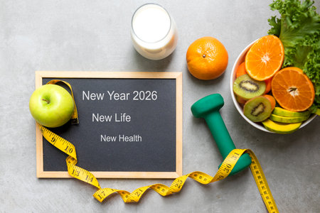 New Year for New Changes Healthy 2026.  Fresh vegetable fruits and healthy food for sport equipment for women diet slimming weight loss.  Healthy and Holiday Conceptの写真素材