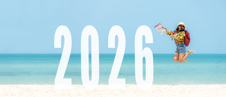 Asian young woman happy  jumping congratulation and celebrate in Happy New year 2026 for change new life future concept. Freedom lifestyle jump as part of Number 2026 successの写真素材