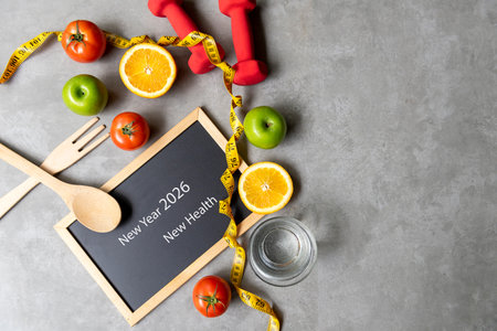New Year for New Changes Healthy 2026.  Fresh vegetable fruits and healthy food for sport equipment for women diet slimming weight loss.  Healthy and Holiday Conceptの写真素材