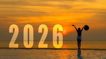 Happy new year card 2026. Silhouette lifestyle woman yoga raise arm standing as part of Number 2026...