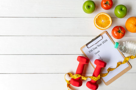 New year for New Changes Healthy.  Fresh vegetable fruits and healthy food for sport equipment for women diet slimming weight loss on white woodの写真素材