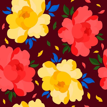Red and yellow peony seamless pattern. Beautiful retro print for textiles. Arrangement with flowers roses.のイラスト素材