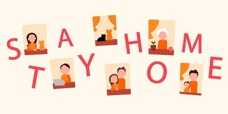 Stay home to fight the coronavirus (Ñovid19). People and families doing different activities at home. Self-isolation helps prevent infection.のイラスト素材