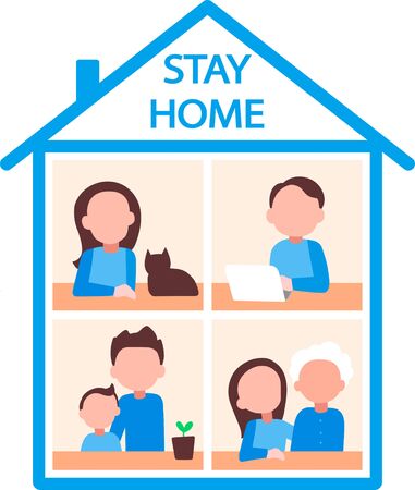 Stay home to fight the coronavirus (Ñovid19). Self-isolation helps prevent infection. Different people observe quarantine and do different things at home.のイラスト素材