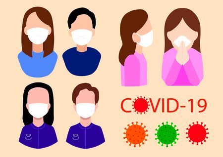 Girls and men in antibacterial masksのイラスト素材