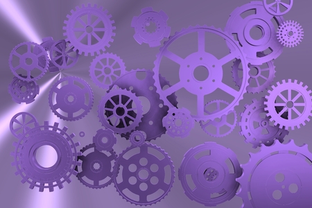Violet mechanical pieces over violet background with bright rays.の写真素材