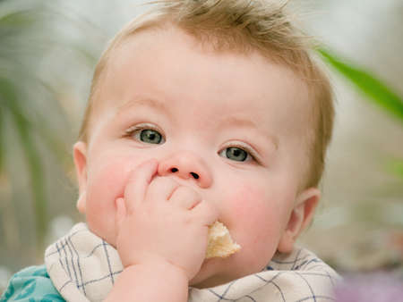 Portrait of a cute young baby boy  eatingの写真素材