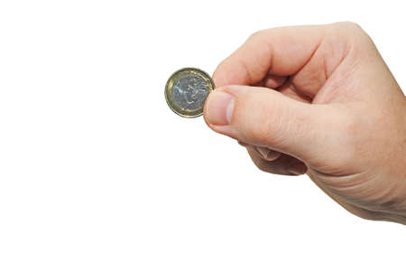 Mans hand with 1 EUR coin in it.