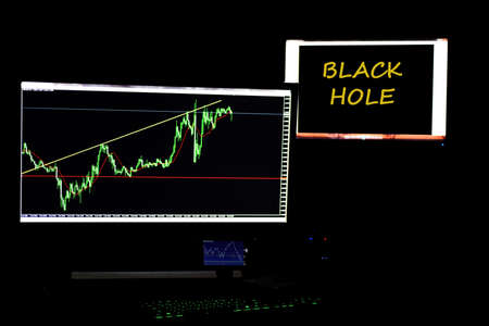 Several monitors with currencies graphs. Abstract photo.の写真素材
