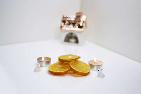 Abstract decoration of Christmas dry oranges. Isolated on white background.の写真素材