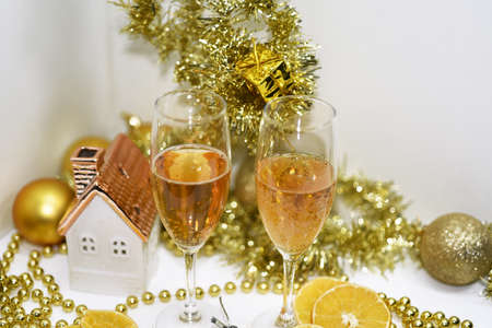 Golden Christmas decoration. Isolated on white background.の写真素材