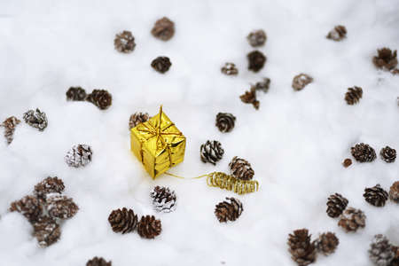 Macro photo of small decorative cones with some Christmas components.の写真素材