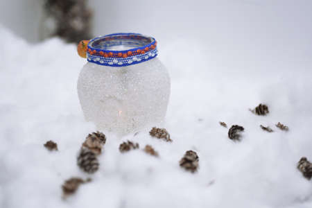 Cones in the snow. Macro photo of small decorative conesの写真素材