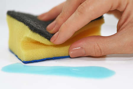 Woman hand with cleaning sponge and blue liquid. Isolated on white background.の写真素材