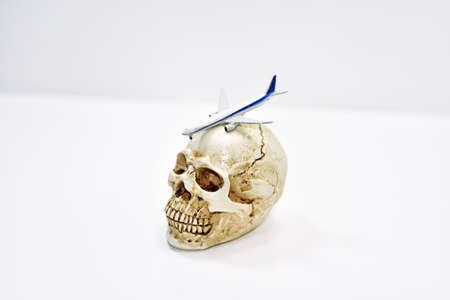 Abstract composition of flying fears. Human skull with plain on it.の写真素材