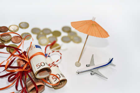 Abstract photo of traveling on passenger aircraft. Euro money abstraction.の写真素材