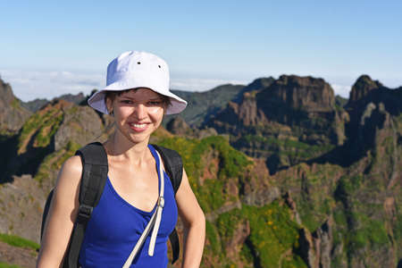 Young woman in Madeiras mountainsの写真素材