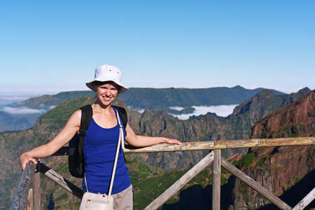 Young woman in Madeiras mountainsの写真素材