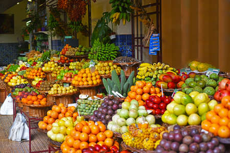 Open air market. Madeira's fruits. Summer day.の写真素材