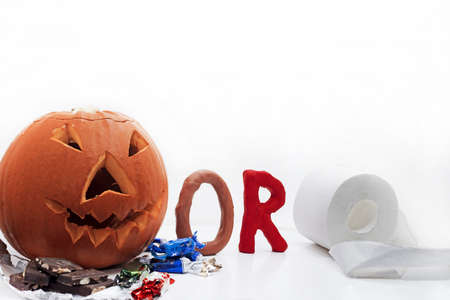 Halloween pumpkin head jack lantern with scary evil faces spooky holiday