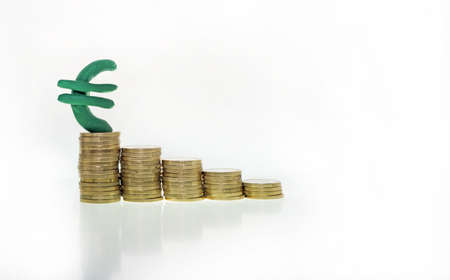 Pile of euro coins isolated on white backgroundの写真素材