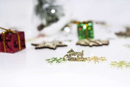 Abstract Christmas composition. Christmas decorations on white table.の写真素材
