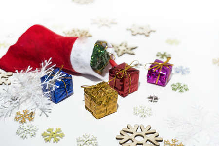 Abstract Christmas composition. Christmas decorations on white table.の写真素材