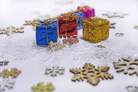Abstract Christmas composition. Christmas decorations on white table.の写真素材