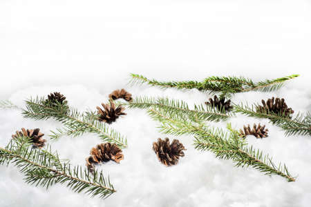 Cones in the snow. Macro photo of small decorative cones with some Christmas components.