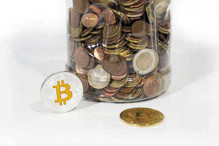 Abstract photo of cryptocyrrency. Some cryptocurrency coins on table. Isolated on white background.