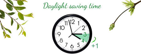 Daylight Saving Time. DST. Wall Clock going to winter time. Turn time forward. Abstract photo of changing time at spring.の写真素材
